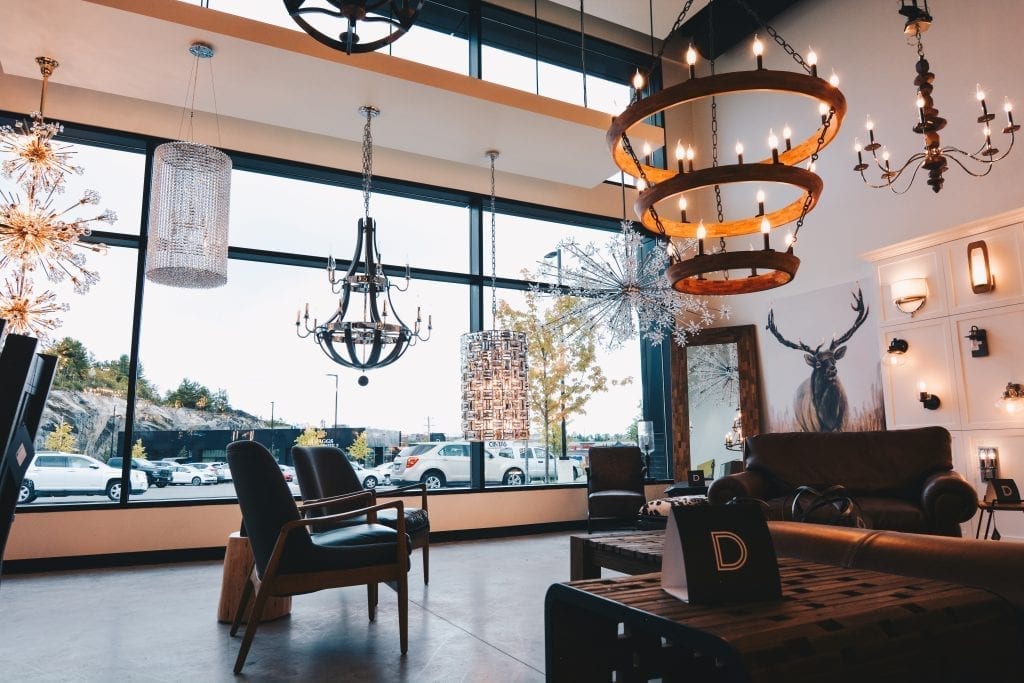 Diggs & Dwellings showroom showcasing home decor, furniture and lighting fixtures